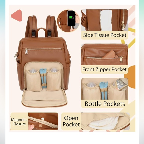 Vegan Leather Diaper Bag Backpack - Picture 7 of 8